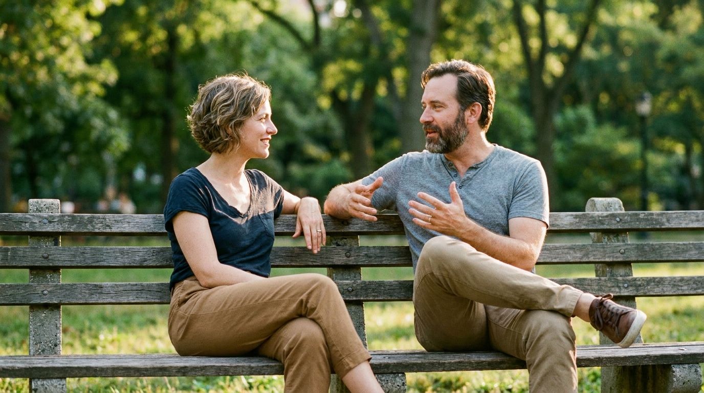 Two professionals in unguarded conversation on a bench outdoors